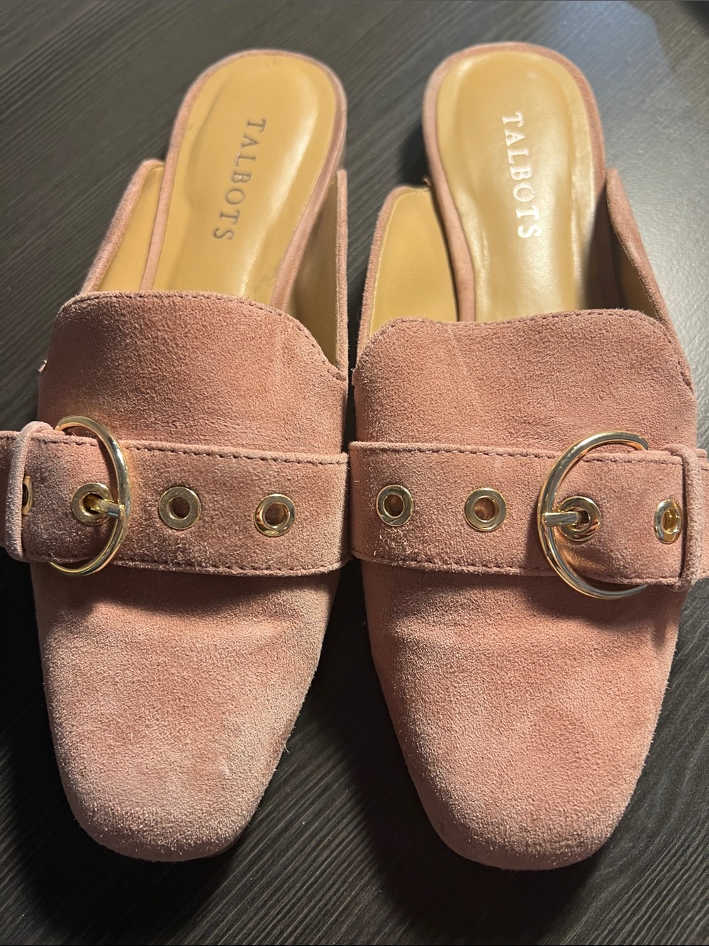 Talbots Dusty Pink Suede Buckle Mules